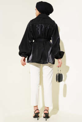 Balon Kol Kuşaklı Parlak Ceket Siyah - Thumbnail