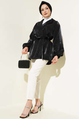 Balon Kol Kuşaklı Parlak Ceket Siyah - Thumbnail