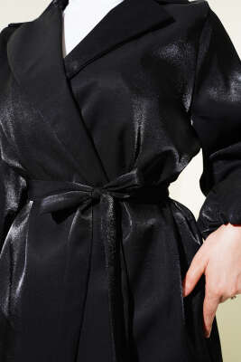 Balon Kol Kuşaklı Parlak Ceket Siyah - Thumbnail