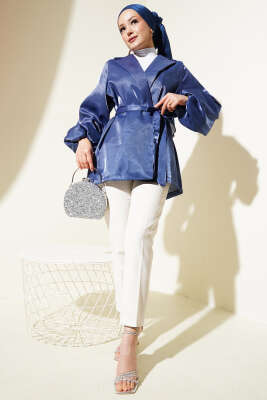 Balon Kol Kuşaklı Parlak Ceket Lacivert - Thumbnail
