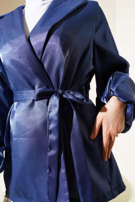 Balon Kol Kuşaklı Parlak Ceket Lacivert - Thumbnail