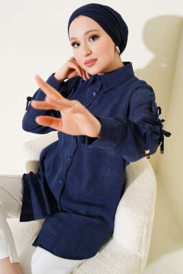 Pazarium - Batik Desen Kol Fiyonklu Gömlek Lacivert