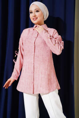 Pazarium - Batik Desen Kol Fiyonklu Gömlek Pudra