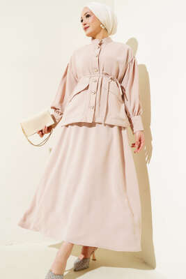 Pazarium - Balon Kol Bel İp Bağcıklı İkili Takım Bej