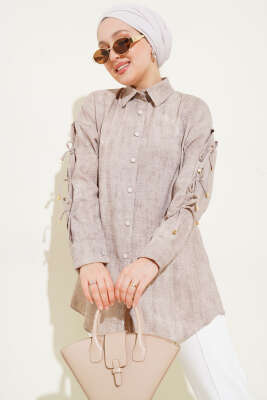 Pazarium - Batik Desen Kol Fiyonklu Gömlek Vizon