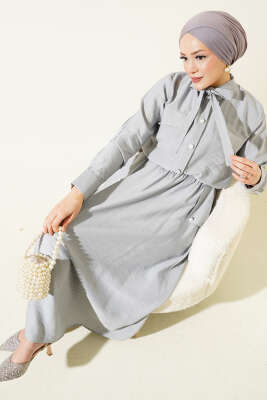 Pazarium - Yaka Bağlamalı Düğmeli Etekli İkili Takım Gri