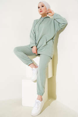 Pazarium - Paça Lastikli Kapüşonlu İkili Takım Çağla Yeşili