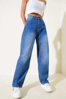 Pazarium - Salaş Baggy Kot Pantolon Orta Mavi