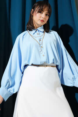 Pazarium - Yarasa Kol Kolyeli Oversize Gömlek Mavi