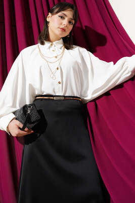 Pazarium - Yarasa Kol Kolyeli Oversize Gömlek Beyaz