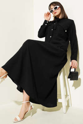 Pazarium - Yaka Bağlamalı Düğmeli Etekli İkili Takım Siyah