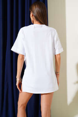 Duble Kol Yan Yırtmaçlı T-shirt Beyaz - Thumbnail