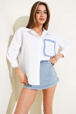 Pazarium - Cep Garnili Terikoton Kısa Gömlek Beyaz