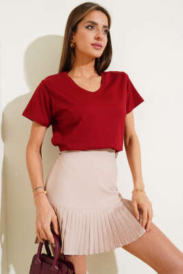 Pazarium - V Yaka Basic T-shirt Bordo