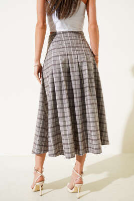 Yırtmaçlı Ekose Desenli Midi Etek Vizon - Thumbnail