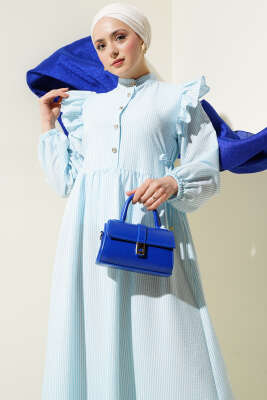 Omuz Fırfırlı Düğmeli Çizgili Gofre Elbise Bebe Mavi - Thumbnail