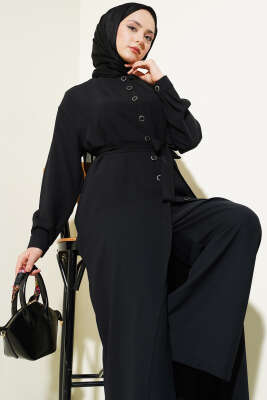 Asimetrik Kesim Uzun Tunik İkili Takım Siyah - Thumbnail