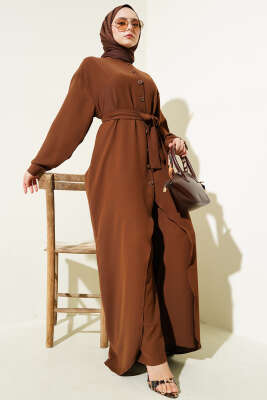 Pazarium - Asimetrik Kesim Uzun Tunik İkili Takım Kahve