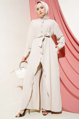 Asimetrik Kesim Uzun Tunik İkili Takım Bej - Thumbnail
