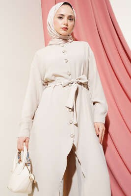 Asimetrik Kesim Uzun Tunik İkili Takım Bej - Thumbnail