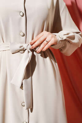 Asimetrik Kesim Uzun Tunik İkili Takım Bej - Thumbnail