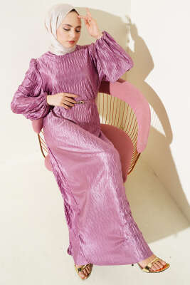 Pazarium - Kuşaklı Büzgü Piliseli Elbise Lila