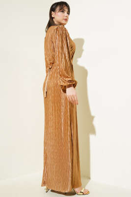 Kuşaklı Büzgü Piliseli Elbise Latte - Thumbnail