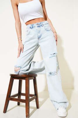 Yırtık Palazzo Kot Pantolon Buz Mavisi - Thumbnail