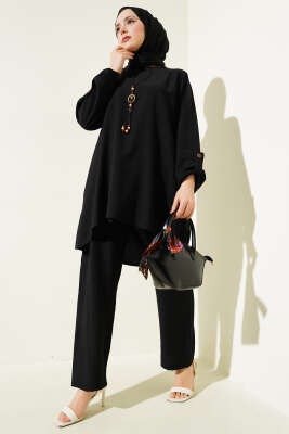 Pazarium - Kol Katlama Detaylı Tunik İkili Takım Siyah
