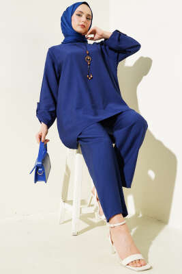 Kol Katlama Detaylı Tunik İkili Takım Lacivert - Thumbnail