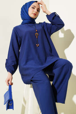 Kol Katlama Detaylı Tunik İkili Takım Lacivert - Thumbnail