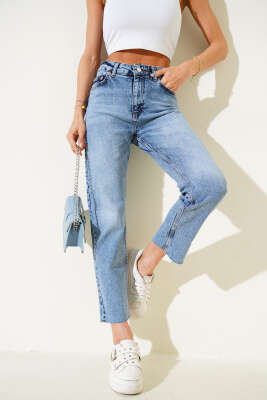 Pazarium - Dar Kesik Paça Mom Kot Pantolon Kar Açık