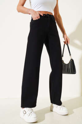 Pazarium - Bol Paça Salaş Kot Pantolon Siyah