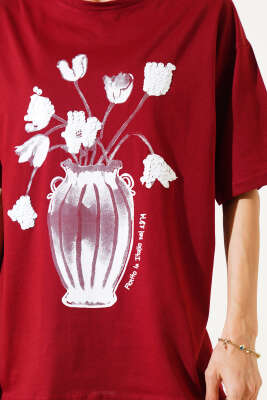 Çiçek Baskılı Pullu T-shirt Bordo - Thumbnail