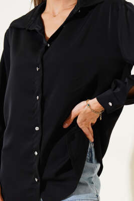 Kol Yırtmaçlı Şifon Gömlek Siyah - Thumbnail