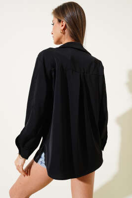 Kol Yırtmaçlı Şifon Gömlek Siyah - Thumbnail