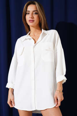 Çift Cep Kapaklı Salaş Gofre Gömlek Beyaz - Thumbnail