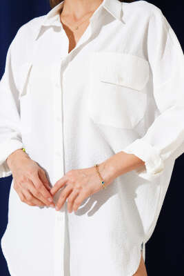 Çift Cep Kapaklı Salaş Gofre Gömlek Beyaz - Thumbnail