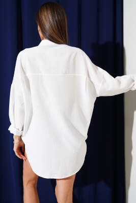 Çift Cep Kapaklı Salaş Gofre Gömlek Beyaz - Thumbnail