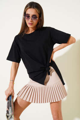 Pazarium - Duble Kol Yan Yırtmaçlı T-shirt Siyah