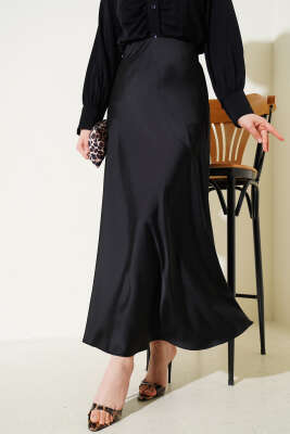 Pazarium - Bel Lastikli Saten Kloş Etek Siyah