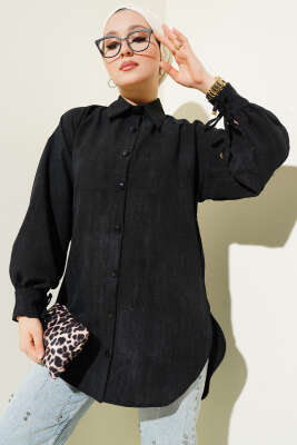 Pazarium - Balon Kol Manşet Bağcıklı Gömlek Siyah