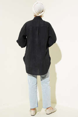 Balon Kol Manşet Bağcıklı Gömlek Siyah - Thumbnail