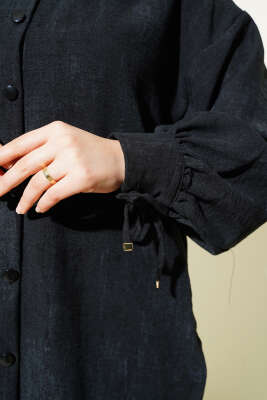 Balon Kol Manşet Bağcıklı Gömlek Siyah - Thumbnail