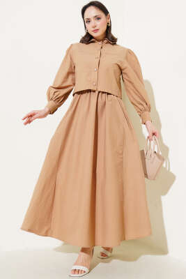 Çıtçıt Düğmeli Ceketli Jile İkili Takım Latte - Thumbnail