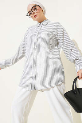 Pazarium - Arka Pileli Çizgili Gömlek Siyah