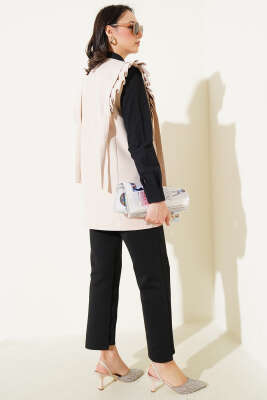 Omuz Pileli Cep Kapaklı Yelek Bej - Thumbnail