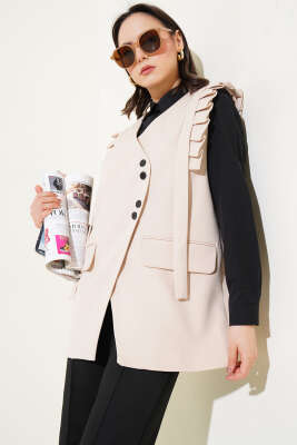 Omuz Pileli Cep Kapaklı Yelek Bej - Thumbnail