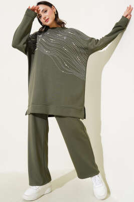 Pazarium - Loyşa Önü Taşlı İncili Tunik İkili Takım Haki