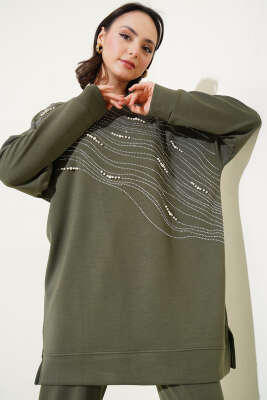 Loyşa Önü Taşlı İncili Tunik İkili Takım Haki - Thumbnail